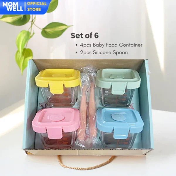 Momwell 6 in 1 Tempat Mpasi Kaca Hampers Baby Gift Set Wadah Mpasi Kado Lahiran Bayi Sendok GFB10 - Gambar 9