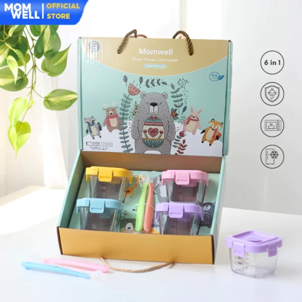Momwell 6 in 1 Tempat Mpasi Kaca Hampers Baby Gift Set Wadah Mpasi Kado Lahiran Bayi Sendok GFB10 - Gambar 6