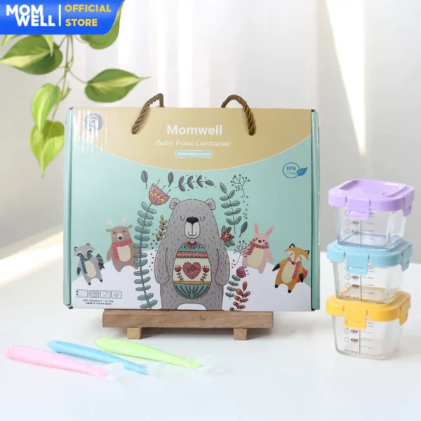 Momwell 6 in 1 Tempat Mpasi Kaca Hampers Baby Gift Set Wadah Mpasi Kado Lahiran Bayi Sendok GFB10 - Gambar 4