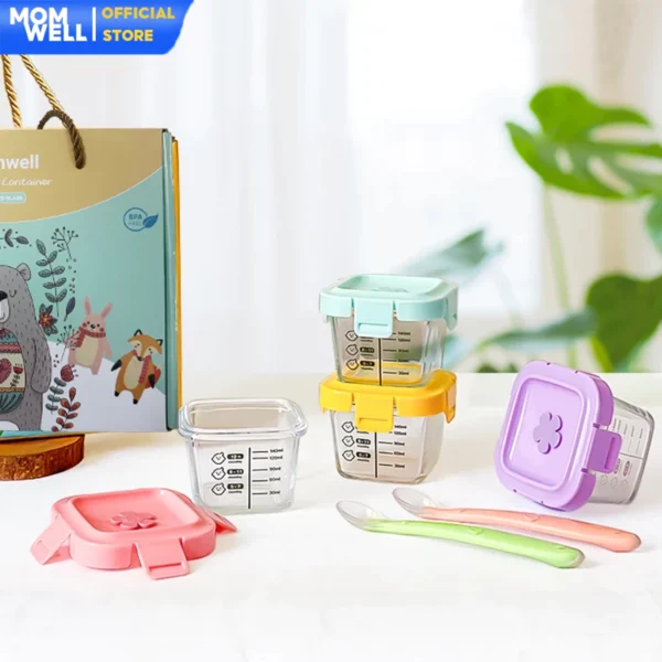 Momwell 6 in 1 Tempat Mpasi Kaca Hampers Baby Gift Set Wadah Mpasi Kado Lahiran Bayi Sendok GFB10 - Gambar 7