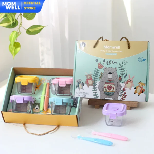 Momwell 6 in 1 Tempat Mpasi Kaca Hampers Baby Gift Set Wadah Mpasi Kado Lahiran Bayi Sendok GFB10 - Gambar 8