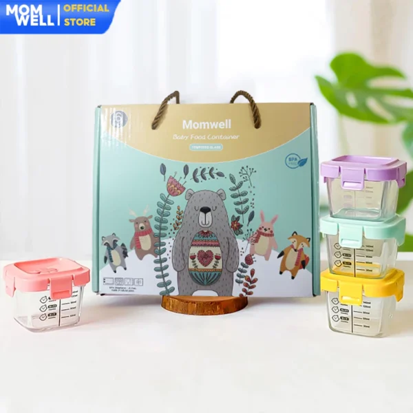 Momwell 6 in 1 Tempat Mpasi Kaca Hampers Baby Gift Set Wadah Mpasi Kado Lahiran Bayi Sendok GFB10 - Gambar 5