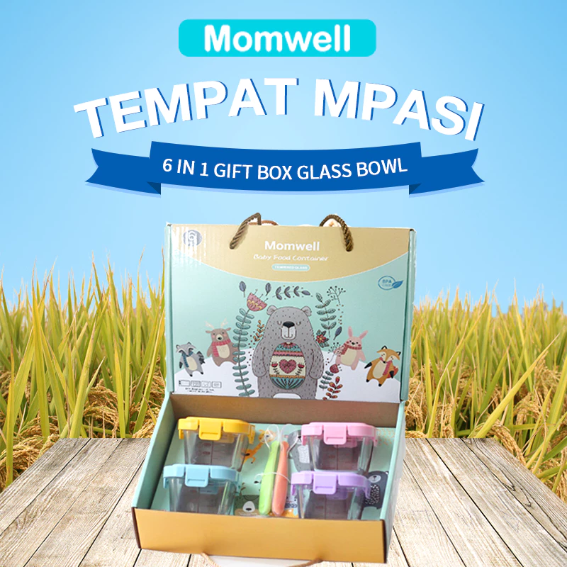 Momwell 6 in 1 Tempat Mpasi Kaca Hampers Baby Gift Set Wadah Mpasi Kado Lahiran Bayi Sendok GFB10